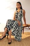 Masaba_Black Crepe Silk Printed Checkmate V Neck Midi Dress_at_Aza_Fashions