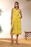 Masaba_Yellow Crepe Silk Printed Jam And Toast V Neck & Midi Dress_Online_at_Aza_Fashions
