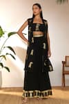 Buy_Masaba_Black Crepe Silk Embroidered Sunny Day Bustier Foil Print Shrug And Pant Set_at_Aza_Fashions
