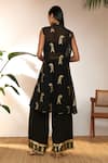 Shop_Masaba_Black Crepe Silk Embroidered Sunny Day Bustier Foil Print Shrug And Pant Set_at_Aza_Fashions