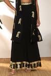 Masaba_Black Crepe Silk Embroidered Sunny Day Bustier Foil Print Shrug And Pant Set_Online_at_Aza_Fashions