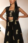 Shop_Masaba_Black Crepe Silk Embroidered Sunny Day Bustier Foil Print Shrug And Pant Set_Online_at_Aza_Fashions