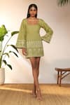 Shop_Masaba_Green Cotton Linen Embroidered Cans Scoop Mini Dress_Online_at_Aza_Fashions
