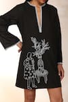 Buy_Masaba_Black Cotton Linen Embroidered Lady With A Loaf Notched Dress_Online_at_Aza_Fashions