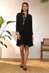 Buy_Masaba_Black Crepe Silk Printed Geometric Notched I Love My Cake Slogan Mini Dress _at_Aza_Fashions