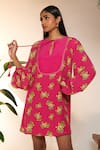 Shop_Masaba_Pink Crepe Silk Printed Lemon Frenzy Round Tie-up Mini Dress_Online_at_Aza_Fashions