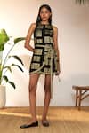 Buy_Masaba_Black Georgette Foil Print Open Doors Round Mini Wrap Dress_at_Aza_Fashions