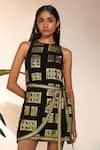 Masaba_Black Georgette Foil Print Open Doors Round Mini Wrap Dress_Online_at_Aza_Fashions