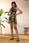 Buy_Masaba_Black Georgette Foil Print Open Doors Round Mini Wrap Dress_Online_at_Aza_Fashions