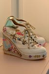 Shop_Tiesta_White Cutdana Embroidered Sneaker Platform Wedges_at_Aza_Fashions