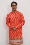 Shop_Mayyur Girotra Couture_Orange Silk Printed Floral Flower Kurta And Pant Set  _at_Aza_Fashions