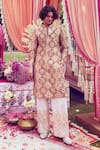 Buy_Mayyur Girotra Couture_Gold Silk Printed Floral Flower Pattern Kurta And Pant Set  _at_Aza_Fashions