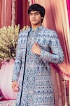 Shop_Mayyur Girotra Couture_Blue Linen Printed Floral Jacket Kurta Set _at_Aza_Fashions