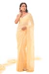 Buy_Sacred Weaves_Yellow Pure Georgette Stripe Detail Handloom Saree_at_Aza_Fashions