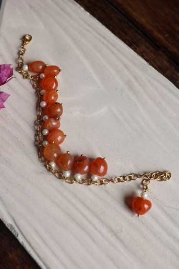 Shop_Do Taara_Orange Pearls, Stones Natural Drop Bracelet _at_Aza_Fashions