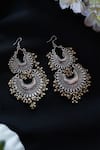 Shop_Do Taara_Silver Plated Oxidized Carved Chandbali Danglers _at_Aza_Fashions