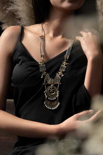 Buy_Do Taara_Silver Plated Flower Tribal Carved Long Necklace _at_Aza_Fashions
