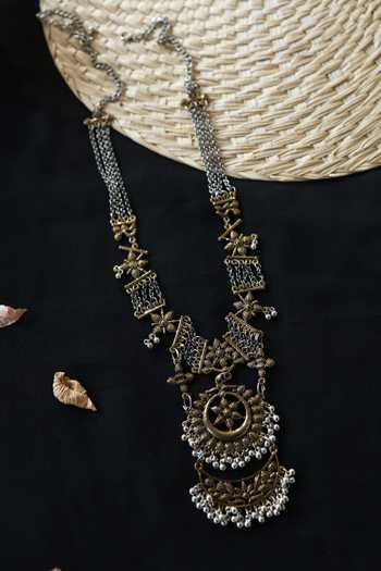 Shop_Do Taara_Silver Plated Flower Tribal Carved Long Necklace _at_Aza_Fashions