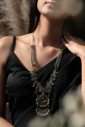 Do Taara_Silver Plated Flower Tribal Carved Long Necklace _Online_at_Aza_Fashions