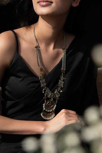 Shop_Do Taara_Silver Plated Flower Tribal Carved Long Necklace _Online_at_Aza_Fashions
