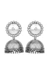 Shop_Sangeeta Boochra_Silver Plated Ghungroo Bead Geometric Carved Jhumkas _at_Aza_Fashions