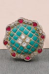 Shop_Sangeeta Boochra_Silver Plated Stone Checkered Carved Ring _at_Aza_Fashions