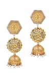 Shop_Sangeeta Boochra_Gold Plated Pearls Two Toned Floral Carved Jhumkas_at_Aza_Fashions