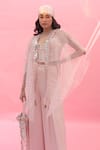 PRAHNAAYA_Pink Blouse And Pant Satin Vegan Yami Boxy Flared Set With Cape  _Online_at_Aza_Fashions