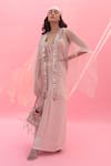 Shop_PRAHNAAYA_Pink Blouse And Pant Satin Vegan Yami Boxy Flared Set With Cape  _Online_at_Aza_Fashions