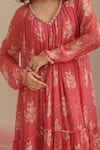 Shop_Myoho_Pink Chiffon Printed Leaf V Neck Tiered Maxi Dress _Online_at_Aza_Fashions