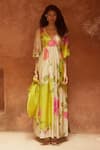 Buy_Paulmi and Harsh_Yellow Habutai Printed Floral Deep V Neck Maxi Dress _at_Aza_Fashions