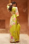 Shop_Paulmi and Harsh_Yellow Habutai Printed Floral Deep V Neck Maxi Dress _at_Aza_Fashions