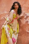 Paulmi and Harsh_Yellow Habutai Printed Floral Deep V Neck Maxi Dress _Online_at_Aza_Fashions