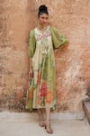 Buy_Paulmi and Harsh_Green Habutai Printed Floral Tie-up Neck And Embroidered Dress _at_Aza_Fashions