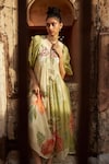 Paulmi and Harsh_Green Habutai Printed Floral Tie-up Neck And Embroidered Dress _Online_at_Aza_Fashions