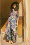 Shop_Paulmi and Harsh_Blue Habutai Printed Floral Ruffled Collar Pattern Kurta And Pant Set _Online_at_Aza_Fashions