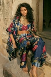 Shop_Paulmi and Harsh_Blue Jacket Organza Printed Floral Sweetheart Trouser Set _at_Aza_Fashions