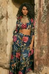 Paulmi and Harsh_Blue Jacket Organza Printed Floral Sweetheart Trouser Set _at_Aza_Fashions