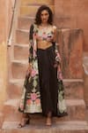 Buy_Paulmi and Harsh_Black Jacket And Blouse Habutai Printed Floral Pattern Skirt Set _at_Aza_Fashions
