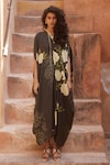 Paulmi and Harsh_Black Kaftan Habutai Printed Floral V Neck Flower With Inner  _Online_at_Aza_Fashions