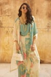 Buy_Paulmi and Harsh_Blue Habutai Printed Floral Band Collar Shirt Kurta Trouser Set_Online_at_Aza_Fashions