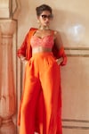 Buy_Paulmi and Harsh_Orange Silk Organza Embroidery Floral Jacket Collared Neck Long Trouser Set 