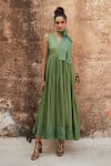 Buy_Paulmi and Harsh_Green Silk Organza Embroidery Floral V Pleated Maxi Dress With Scarf _at_Aza_Fashions