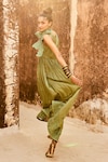 Paulmi and Harsh_Green Silk Organza Embroidery Floral V Pleated Maxi Dress With Scarf  _Online_at_Aza_Fashions