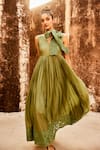 Buy_Paulmi and Harsh_Green Silk Organza Embroidery Floral V Pleated Maxi Dress With Scarf _Online_at_Aza_Fashions