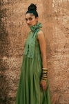 Shop_Paulmi and Harsh_Green Silk Organza Embroidery Floral V Pleated Maxi Dress With Scarf _Online_at_Aza_Fashions