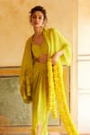 Paulmi and Harsh_Yellow Silk Organza Embroidery Floral Blouse Flower Cape Skirt Set _at_Aza_Fashions