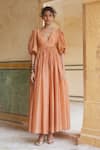 Buy_Paulmi and Harsh_Orange Silk Organza Placement Embroidery Floral V Neck Sleeve Maxi Dress _Online_at_Aza_Fashions