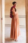 Shop_Paulmi and Harsh_Orange Silk Organza Placement Embroidery Floral V Neck Sleeve Maxi Dress _at_Aza_Fashions