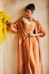 Buy_Paulmi and Harsh_Orange Silk Organza Placement Sleeve Long Jacket Trouser Set _Online_at_Aza_Fashions